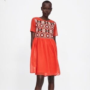 Zara Embroidered Mesh Dress Red Orange Babydoll Mini Tunic SZ Medium